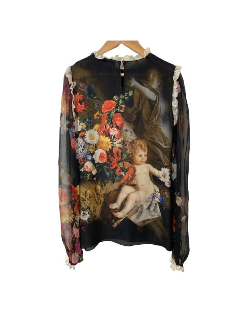 Dolce & Gabbana Flower Angel Print Sheer Sleeve Blouse Black 36 - Picture 2 of 14